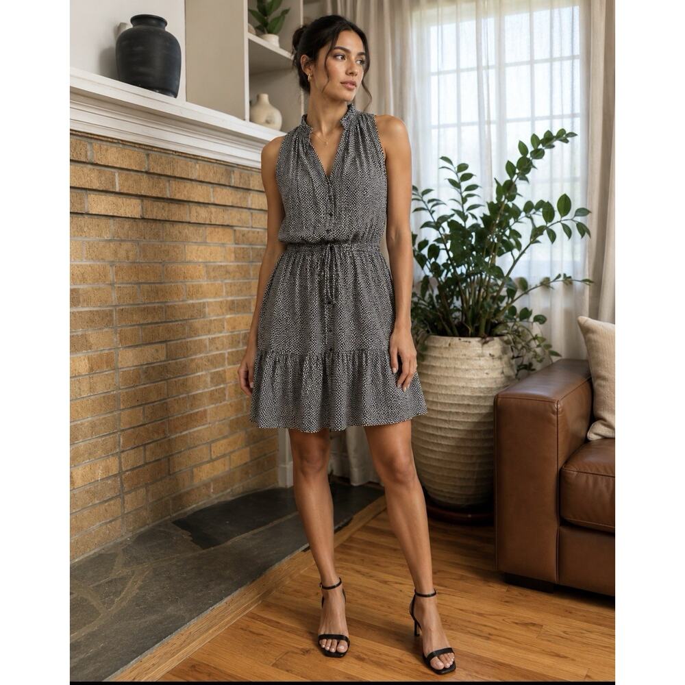 WHBM Women's Black White Geo-Print Tiered Dress Sz M Resort Wear Minimalist
